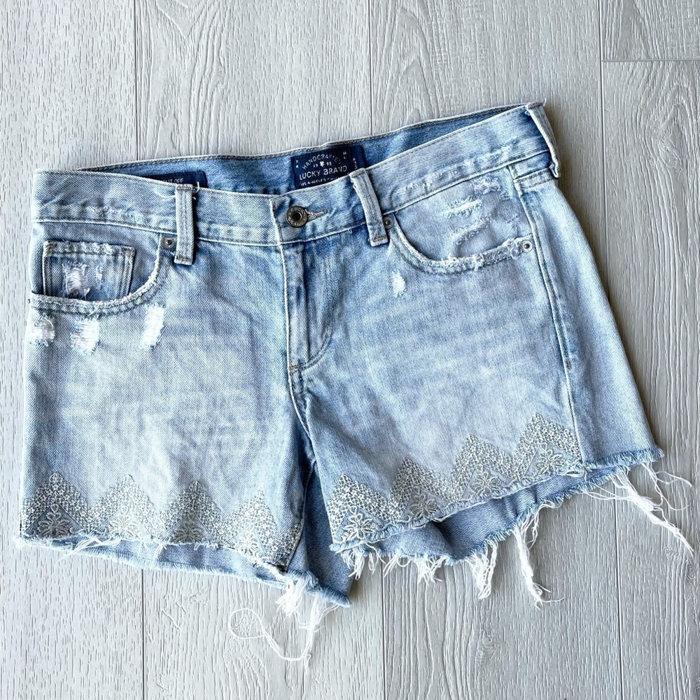 Lucky Brand The Cutoff Denim Embroidered Shorts 25